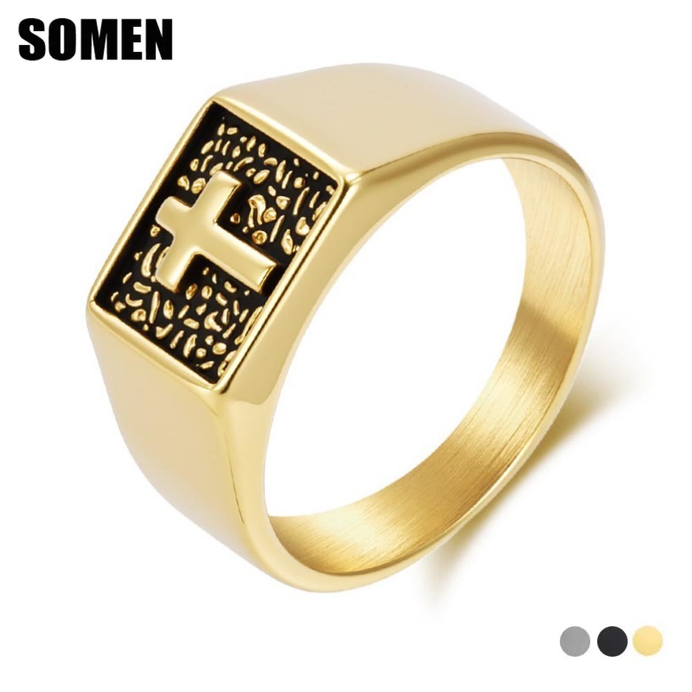 Mens Signet Ring - Somen Vintage Stainless Steel Cross Signet