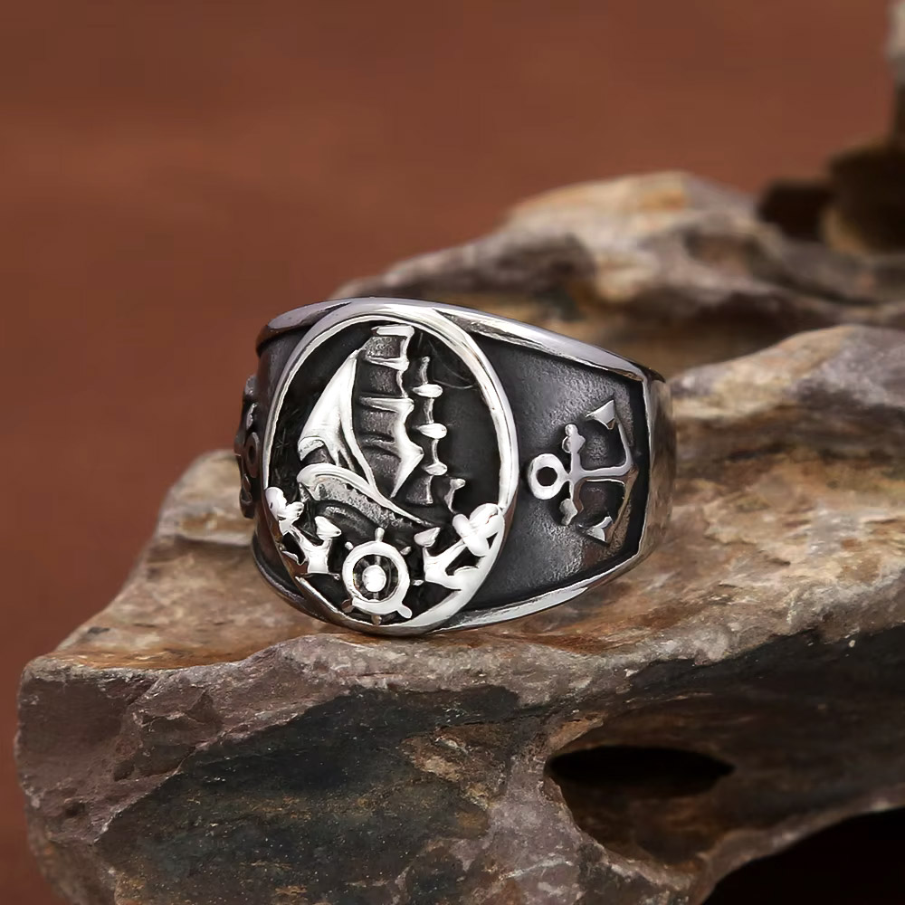 Mens Signet Ring - Vintage Nautical Nordic Sailboat Pirate Signet